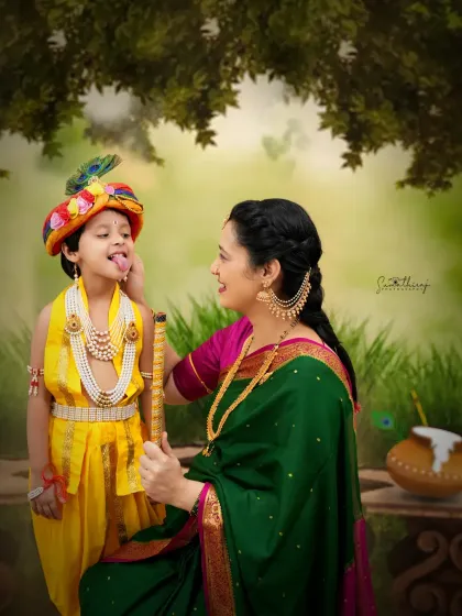 A playful and tender moment in our Krishna-themed shoot, where the older sibling, dressed as Krishna, interacts with his mother. It’s a beautiful way to include the whole family in a creative concept.