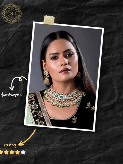 This model looks fantastic in our green and white Kundan choker set. It's a versatile piece that can be styled for a wedding, reception, or any grand celebration.