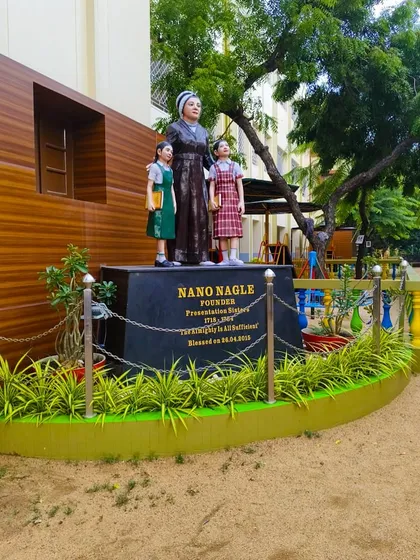 A statue of Nano Nagle, founder of the Presentation Sisters, at Sacred Hearts School, where our founder was invited as the Chief Guest for the 2024 Alumni Meet.