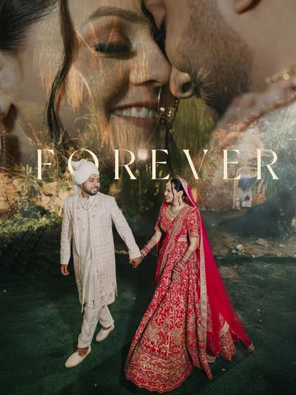 A beautiful double exposure wedding portrait, overlaying an intimate close-up onto a full-length shot of the couple walking hand-in-hand.