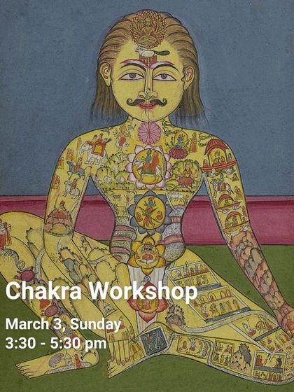 This graphic announces our Chakra Workshop, an intermediate session integrating theory and practice. We explore the centers of vital energy, their connection to consciousness, and how asanas can awaken our inner potential.