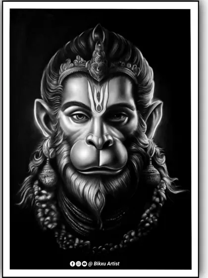 A different take on the Lord Hanuman portrait, with a dark background that makes the subject stand out.