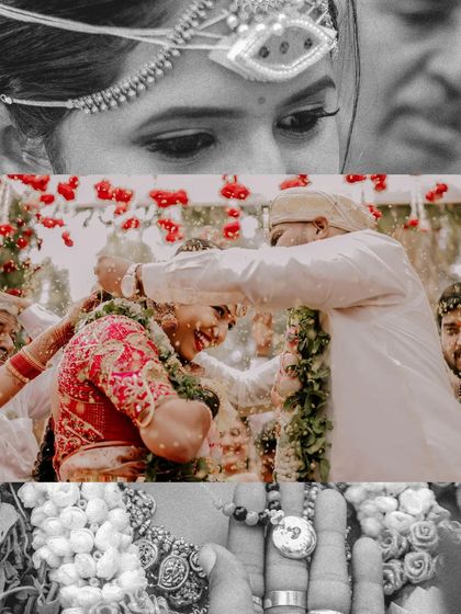 A creative black and white collage that highlights the emotional details of a wedding: the bride's expressive eyes, the shower of blessings, and the symbolic rings.