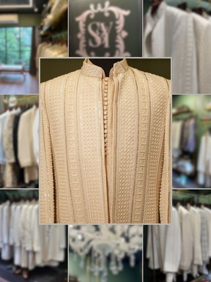 A collage celebrating our vision of Indian traditional attire: redefining, rooted, and regal. The central image provides a close-up of the intricate texture on a ceremonial sherwani.