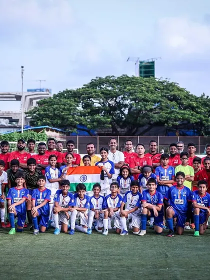 The entire SSE BFC family, including players, coaches, and parents, gathered at Wings Sports Centre to celebrate Independence Day, holding the Indian flag with pride.