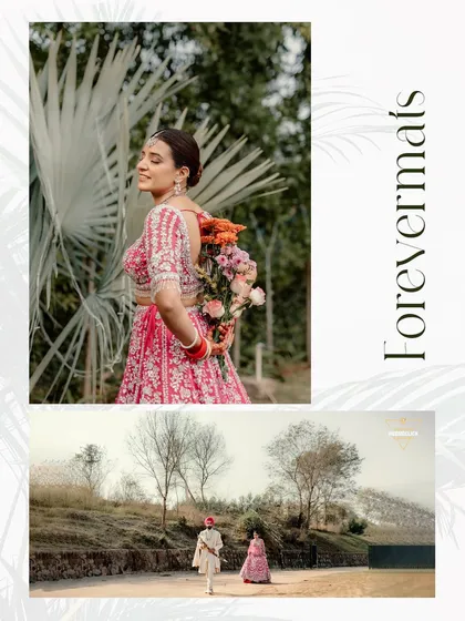 A collage showcasing the beauty of a Sikh bride and the scenic landscape of their destination wedding.