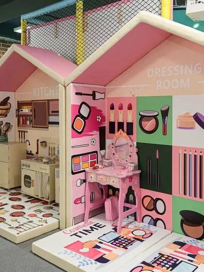 Our side-by-side play kitchen and dressing room. These imaginative play houses are a huge hit, allowing kids to switch between different role-playing scenarios.