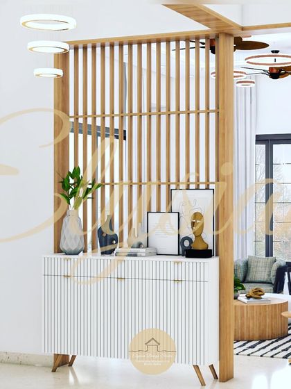A foyer design featuring a wooden slat partition and a fluted white console table, creating a light and airy entryway that still offers a sense of separation.