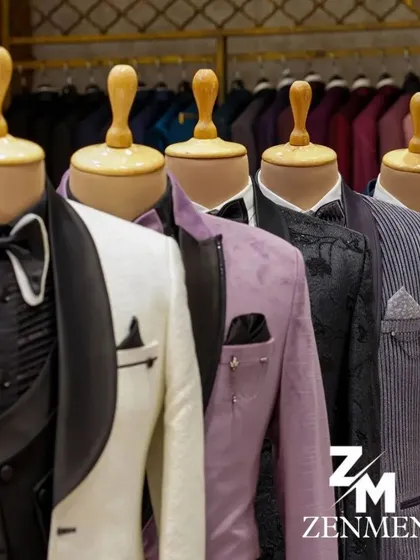 A closer view of the tuxedo lineup, focusing on the different lapel styles, fabrics, and embellishments I offer.