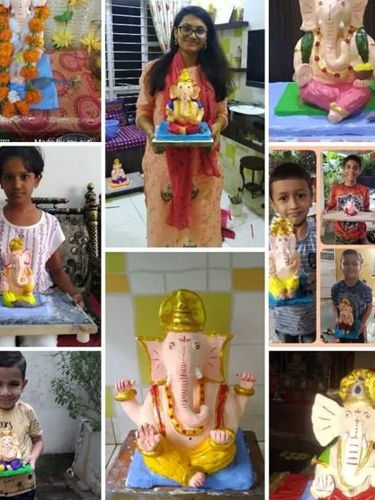 Look at these proud artists with their finished Ganesha idols! Each one is unique and full of character, a testament to the creativity unleashed in our festive workshops.