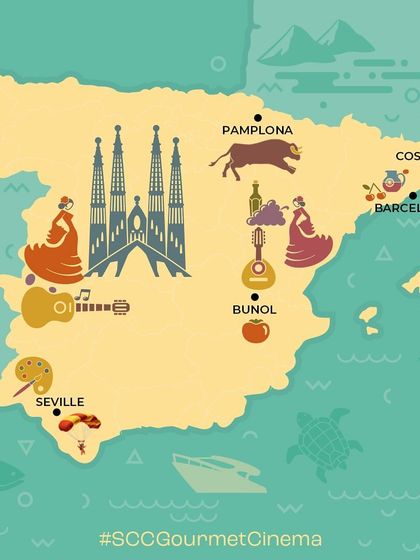 Our illustrated map of Spain, inviting Mumbai to a premiere screening of SCC Gourmet Cinema. This graphic visually represents the journey guests will take through the film's food and locations.