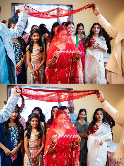 The bride's entry under a traditional red veil, a significant and beautiful moment in the ceremony.