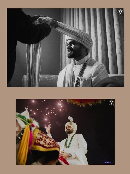 A collage showing the groom getting ready and his energetic baraat. The images capture the traditional turban tying and the celebratory dance on his way to the wedding.