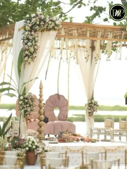 An intimate and beautiful mandap setup right by the water. Whether grand or subtle, I create a sacred space that perfectly captures the essence of your love story.