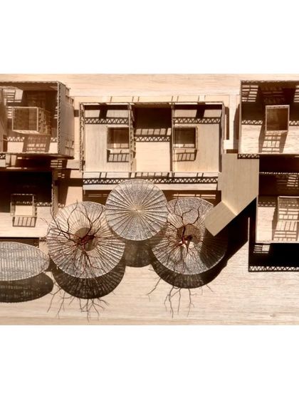 With the roofs removed, the model reveals the central courts of varying volumes within each pod. This "roofs off" view allows us to study the quality of the interior spaces and their relationship to the sky.