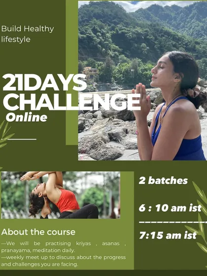 A graphic for my 21-Day Online Challenge. This program is designed to help you build a healthy lifestyle with daily practice, community support, and guidance on habits and nutrition.