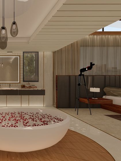 This master suite features an open-plan design where the bedroom flows into a luxurious bathroom area. A large freestanding tub filled with rose petals sits on a wooden platform, creating a romantic and spa-like focal point.