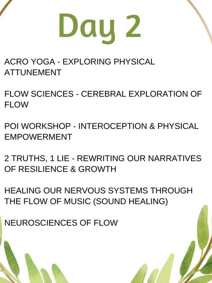 A duplicate graphic showing the Day 2 schedule, packed with sessions on physical attunement and rewriting personal narratives.