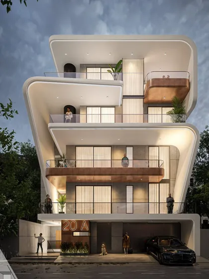Our design proposal for a residence in Dwarka, Sector 23. This concept uses fluid, wrap-around frames to define each floor, with contrasting bronze-colored balconies adding warmth and visual interest to the concrete structure.