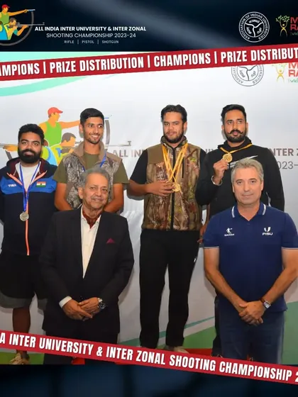Dignitaries and winners on the podium at the All India Inter University Shooting Championship. We are committed to hosting and managing high-prestige university-level sporting events.
