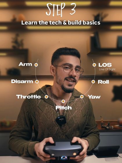 Step 3: Learn the tech and build basics. Before you fly, you need to understand your "birdie." I will teach you the fundamentals of drone controls like throttle, yaw, pitch, and roll so you can fly with confidence.