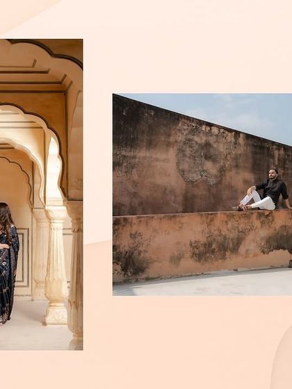 A photo collage from a destination pre-wedding shoot in Rajasthan. It combines a shot of the couple walking through ornate archways with a wide shot against a historic wall, showcasing the variety of backdrops available.