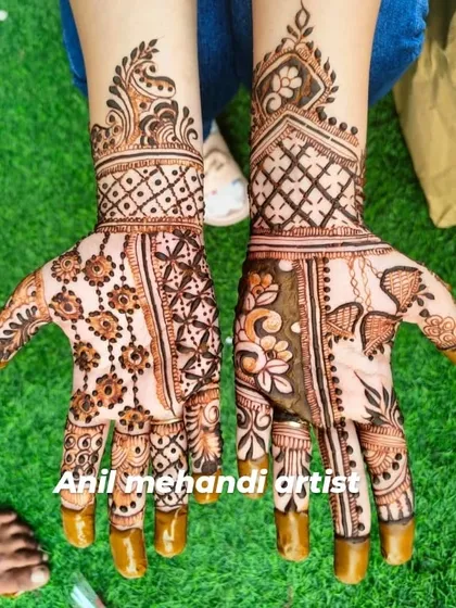 A beautiful party-wear design with a mix of patterns. It features hanging floral chains and geometric wristbands, perfect for a festive look.