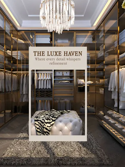 A walk-in closet should be more than just storage; it should be a personal sanctuary. This luxe haven was designed with custom glass cabinetry, integrated lighting, and a central ottoman, where every detail whispers refinement and organization.