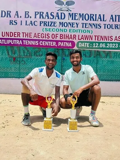 Anup Bangargi, on the right, after finishing as runner-up in the AITA 1 Lac Doubles Event in Patna.