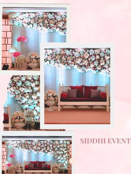 A collage showing different angles of a beautiful reception stage, featuring a massive arch of pastel flowers and a traditional white and red diwan.