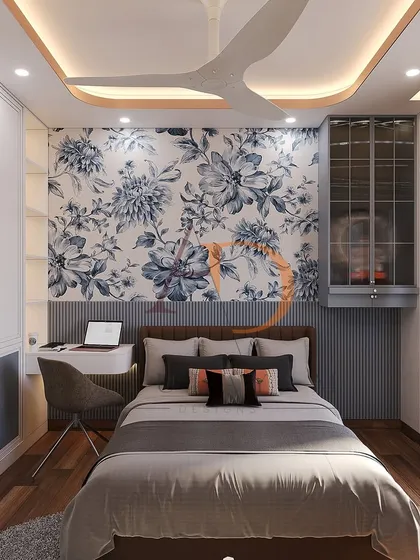 A full view of this compact yet stylish bedroom, demonstrating how different feature walls and smart furniture placement can create a dynamic and functional space.