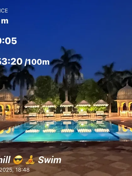 Even on vacation, the training doesn't stop. A chill swim in a beautiful palace pool to keep the body moving.