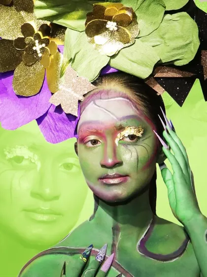 A closer look at the details in a fantasy makeup look. The delicate line work, use of gold leaf, and color blending demonstrate the advanced techniques our students learn to master for high concept and editorial work.