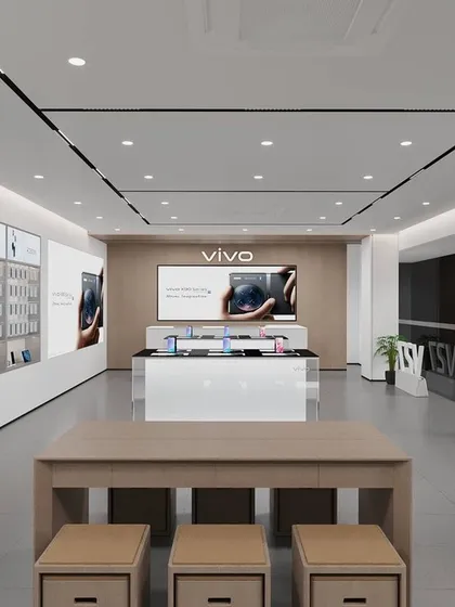 A render of a larger Vivo experience center, showing different zones for product displays and customer interaction.