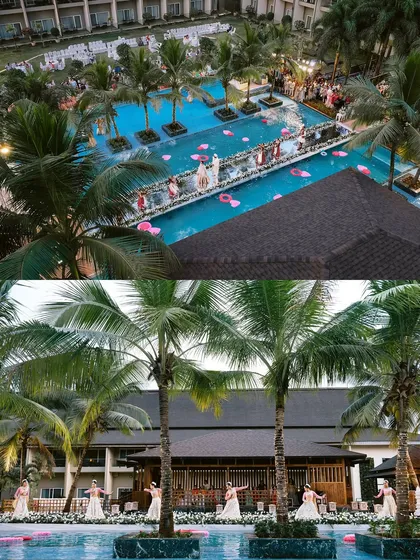 An epic, cinematic view of a wedding at Radisson Blu Karjat, where the varmala took place on an aisle built across the swimming pool, surrounded by palm trees and cheering loved ones.