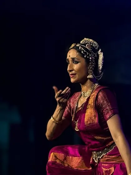 A close-up of my 'abhinaya' during the temple performance, telling a story to the audience.
