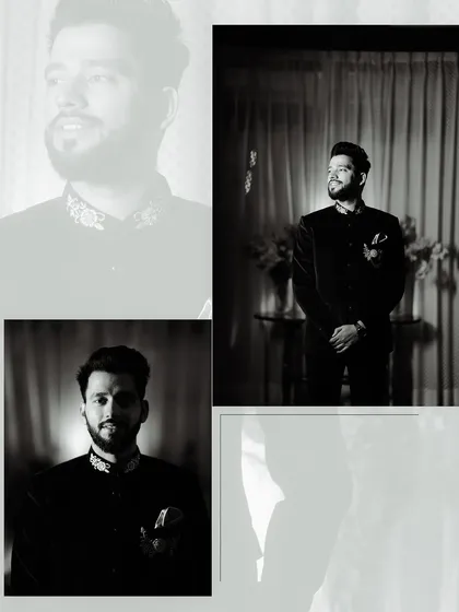 In our mentoring sessions, we cover how to create compelling groom portraits. This black and white collage showcases different lighting techniques, from dramatic Rembrandt lighting to a softer, more contemplative look, capturing various facets of his personality.