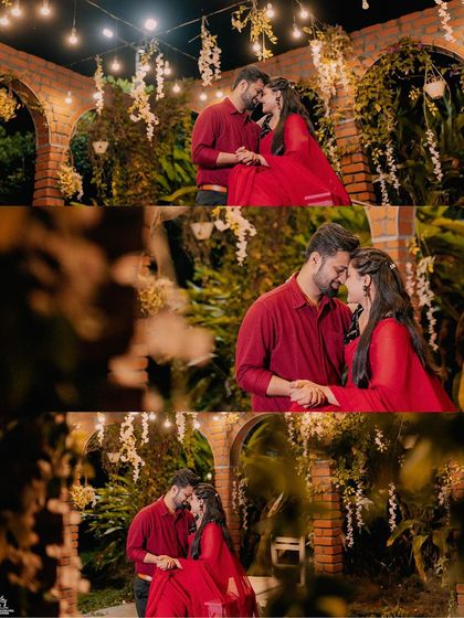 A collage of a couple's romantic pre-wedding shoot at night, with the warm glow of string lights creating a magical ambiance.