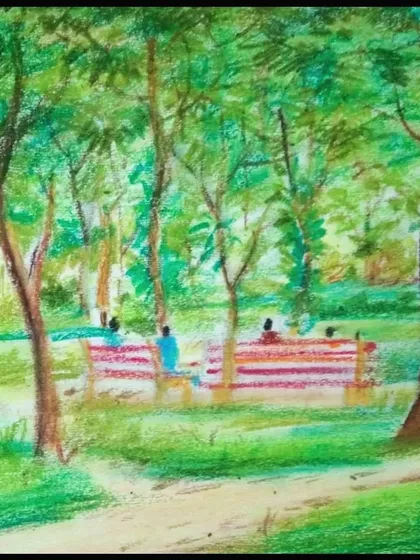 This serene park scene, drawn with oil pastels, captures the peaceful atmosphere of our outdoor workshop. The student has skillfully blended colors to create a soft, natural look.
