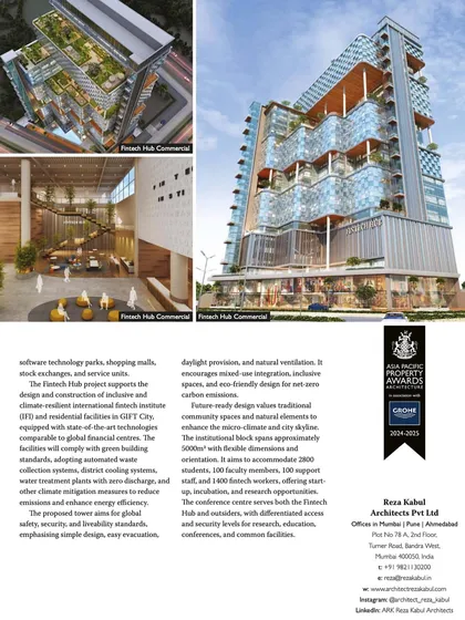 A feature in International Property & Travel magazine showcasing the award-winning Fintech Hub Commercial project. The design is recognized for its innovative concept and eco-friendly features.