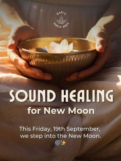 A visual announcement for our New Moon Sound Healing event. The image of the singing bowl with a lotus flower symbolizes the purity, clarity, and rebirth we aim to cultivate during these sessions.