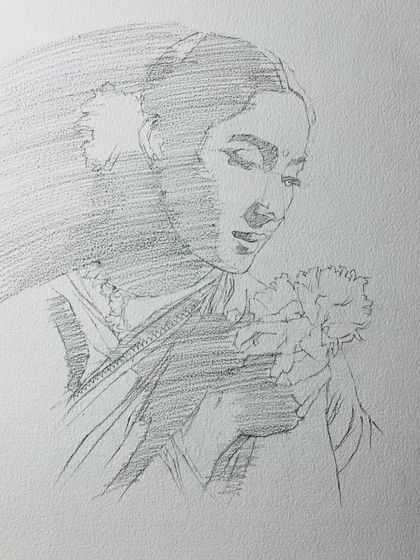 The initial graphite sketch for the Nutan portrait, showing the planning of the composition and the values.