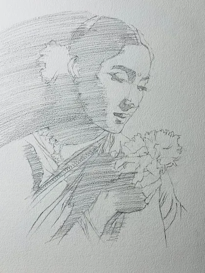 The pencil sketch for the Nutan portrait, a crucial first step in any painting.