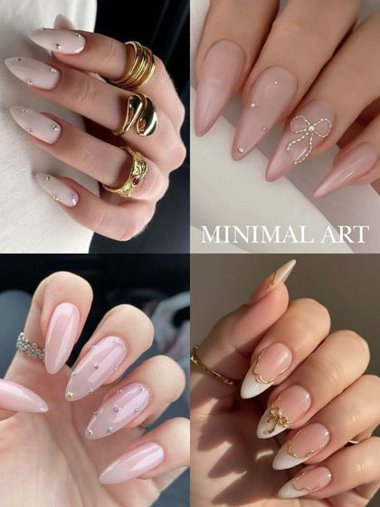 For the nude nail lover, this collage showcases designs with minimal art. It features delicate rhinestones, simple lines, and tiny bows for a touch of elegance.