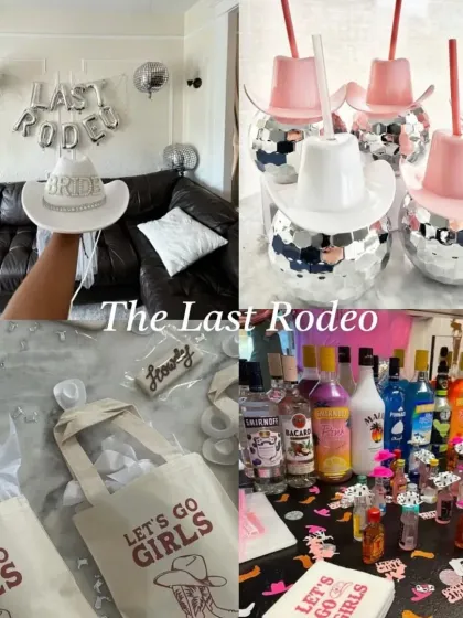 Ideas for a 'Last Rodeo' bachelorette party, complete with disco ball cups with cowboy hats, 'Let's Go Girls' tote bags, and themed decor.