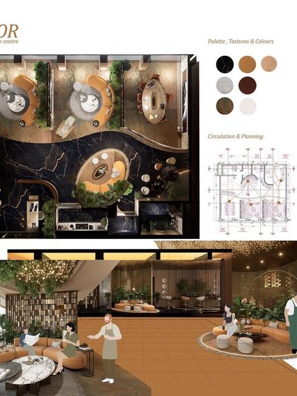 The initial plan and color palette for the 'Luxor' concept. We focused on a rich, bold palette with shimmering textures to create a truly statement-making commercial lounge.