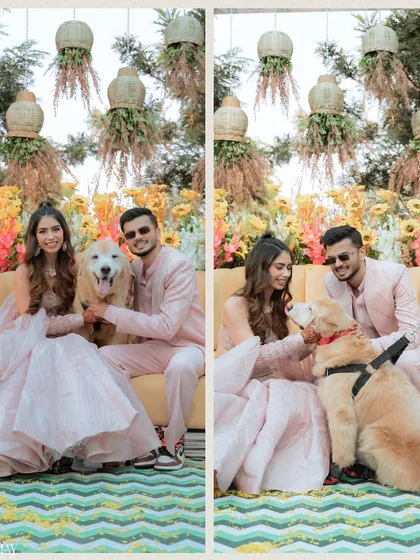 A heartwarming diptych of the couple with their beloved dog. These photos capture the pure joy and love of their little family, adding a personal and memorable touch to their pre-wedding album.