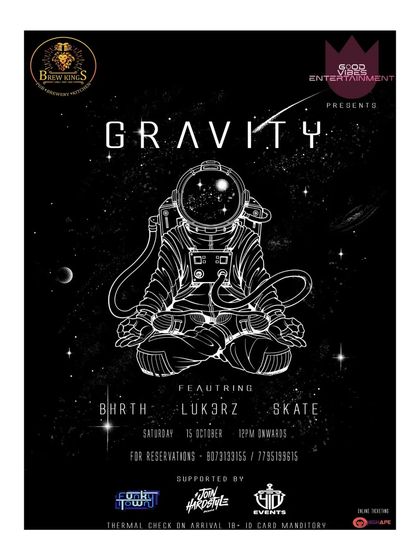 "Gravity" party poster for a space-themed event at Brewkings.