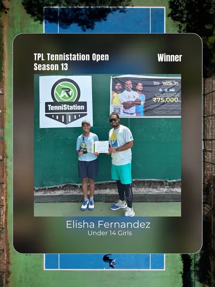 The moment of triumph for Elisha Fernandez, winner of the Under 14 Girls category at the TPL TenniStation Open Season 13.