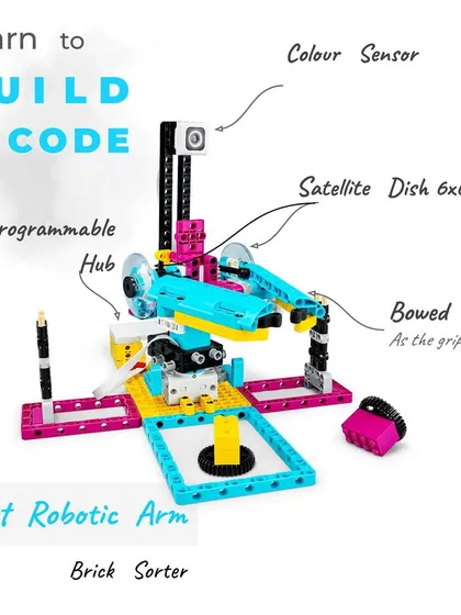 This guide shows the components of a smart robotic arm designed to sort bricks. Students learn to use a color sensor, programmable hub, and grippers to build and code a real-world automation solution.